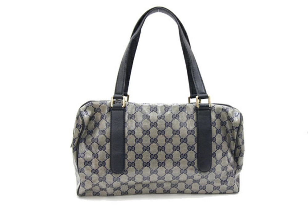 Gucci Tote Canvas Blue GG Boston Bag Handbag Crystal Gray Navy